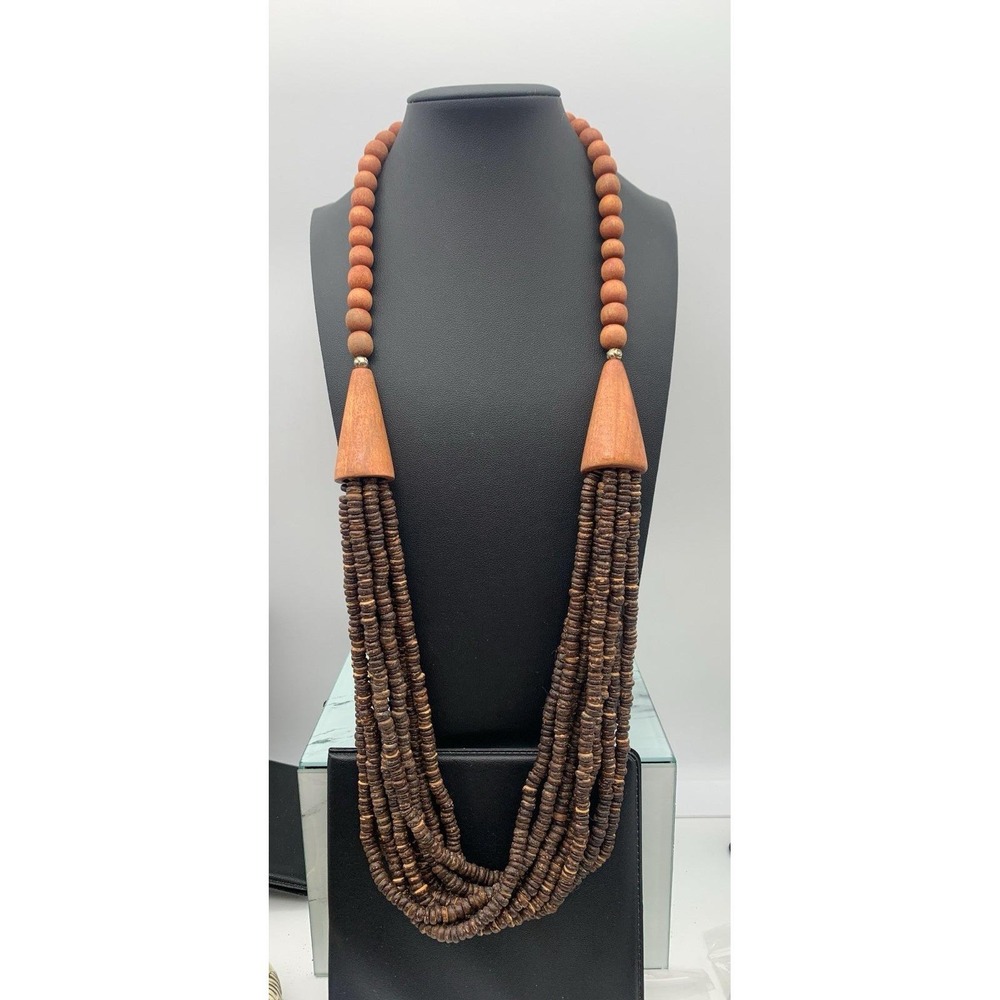 Vintage Chunky Wooden Multi Layered Handmade Beaded Necklace Boho 29"